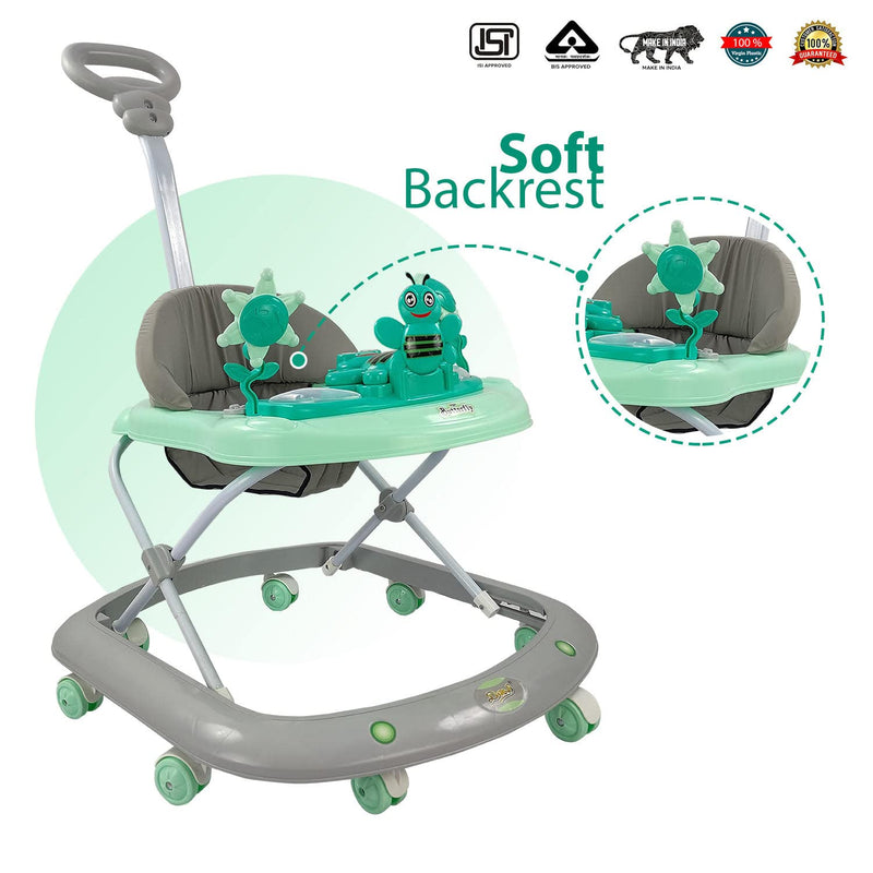 Dash Butterfly Deluxe Baby Walker with 3 Position Adjustable Height Music & Light & Parental Handle, Foldable Activity Walker, Baby 6-18 Months boy, Walker for Kids (Capacity 20kg | Green)