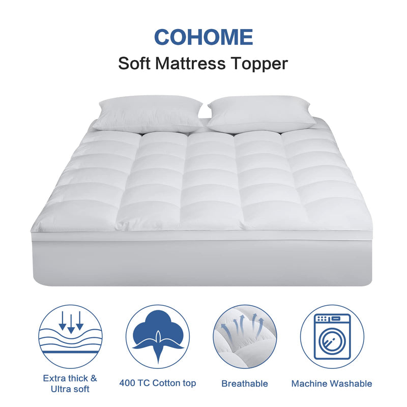 COHOME Twin XL Mattress Topper Extra Thick Cooling Mattress Pad 400TC Cotton Top Plush Down Alternative Fill Pillow Top Mattress Cover with 8-21 Inch Deep Pocket (39x80 Inches, White-Classic)