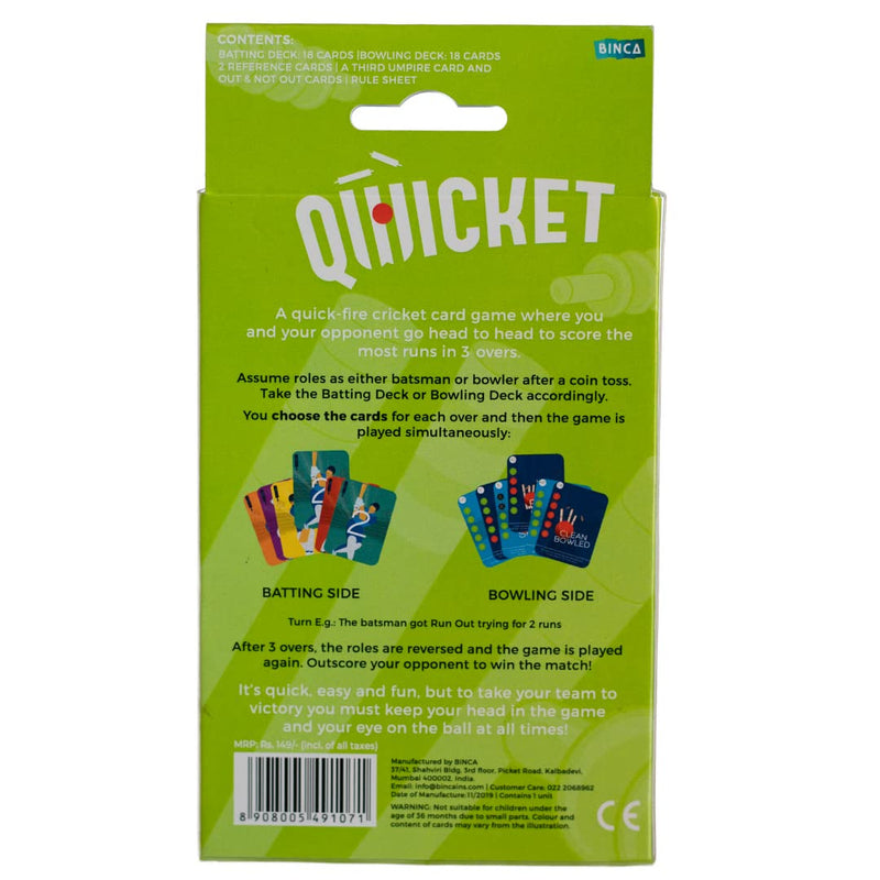 Binca Qwicket - Fun Card Game for All | Family Game for Kids, Teens and Adults | Indoor Cricket Game | Perfect Gift for Ages 7, 8,9 and Up (2 Players)