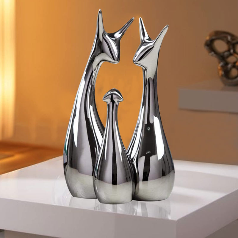 Xtore® Home Decor Lucky Silver Deer Statue Family Piano Finish Ceramic Figures - (Set of 3, Silver Set)