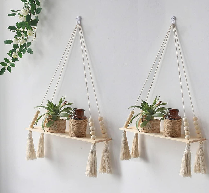 ACN Kohinoor Cotton Macrame Wall Hanging Shelf For Home Decor Set Of 2-Pieces|56|Woven Art For Home Decoration ,Apartment, Dorm, Bed/Living Room, Nursery, Party Decoration 14X5X22 In, 2-Pcs, White