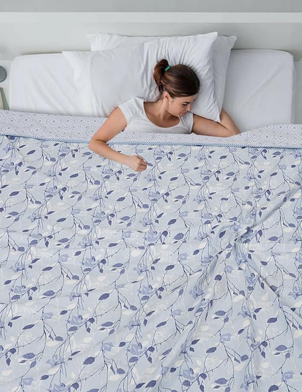 Rexxica Floral Printed Three Layer Cotton Blanket for Summer/Cotton dohar for Single Bed/ac Quilts for Summer (Size L*W 210 * 140 cm, Blue Haze)