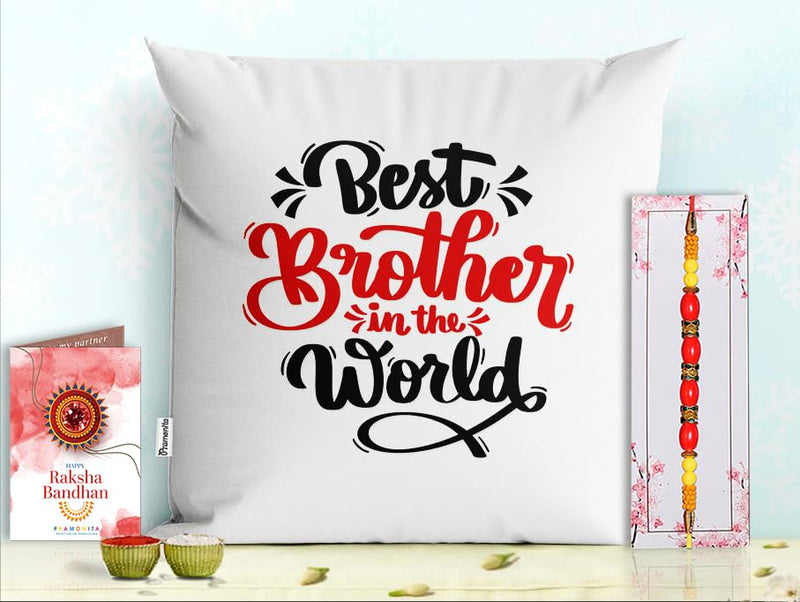 Pillow Rakhi for Brother with Gift - Rakhi with Rakhi Cushion with Filler Greeting Card- Rakhi for Brother, Gifts for Brother, Gifts for Rakhi, Gifts for Rakshabandhan Rakhi Gifts-PD-CU-24