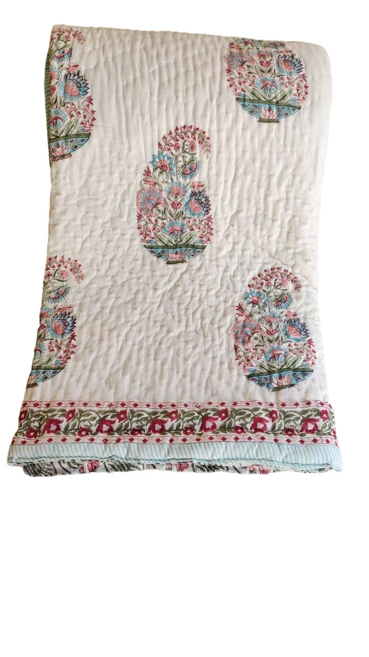 PALMTREE Pure Cotton Jaipuri Razai Hand Block Flower Print Reversible Comforter Lightweight AC Quilt Summer and Winter Bedding | Throw Bed Blanket (King Size 90X108 in)