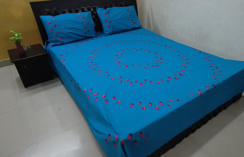 Hand Embroidery/Embroidered Floral Cotton Double bedsheets with 2 Pillow Covers- Floral Paradise (Pretty Blue/Multi)