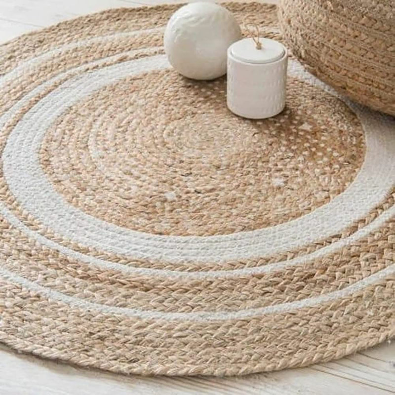 Habere India-All the Cultures Fabricating India Jute Carpet for Living Room, Jute Round Floor Mat, Rugs for Living Room, Jute Centre Table Carpet (Jute + White (Round), Round_3*3 FT)