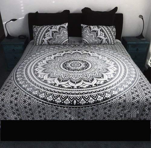 Raj Handicrafts Ombre Mandala Cotton Tapestries Throw Blanket (Black Grey, 84x54 Inches)