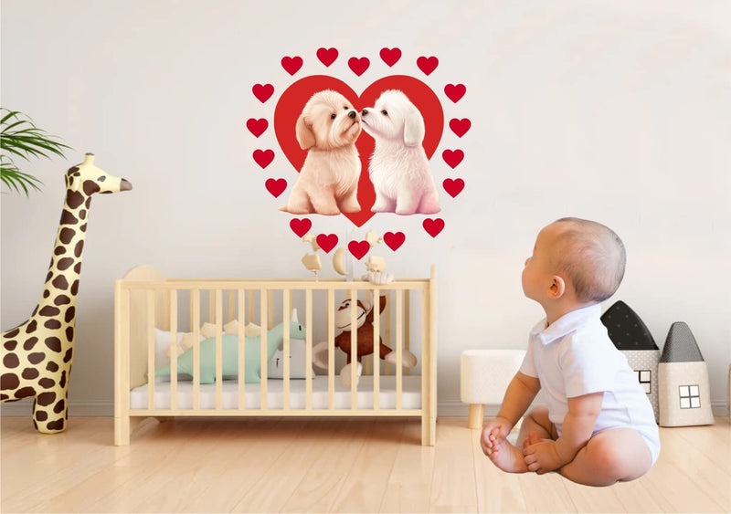 Design Decor Cute Dog Couple with Heart Wall Sticker for Girl Kids Bedroom Decorative Vinyl