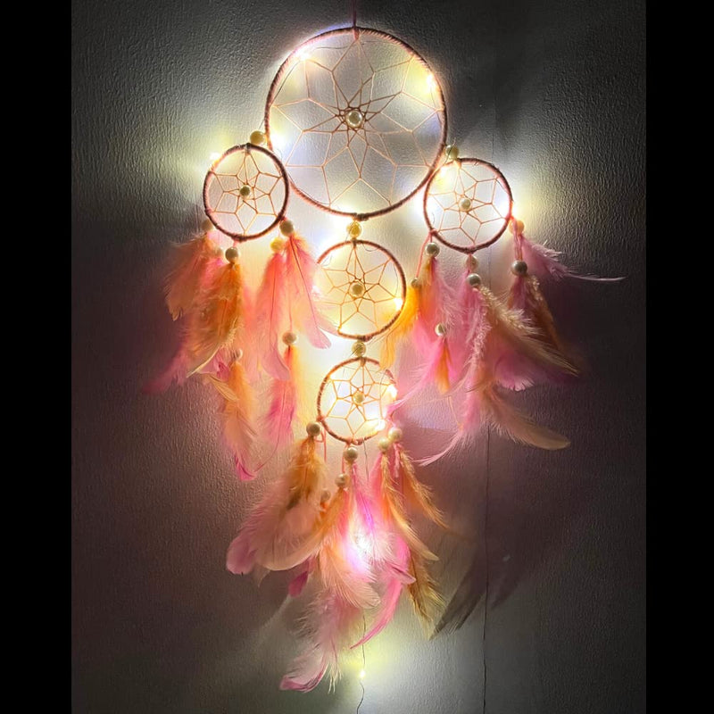 Rooh Dream Catcher ~ Pastel Peach and Pink 4 Tier with LED Lights ~ Handmade Hangings for Positivity (Can be Used as Home Décor Accents, Wall Feather Hangings,Meditation Room, Yoga Temple, Windchime)