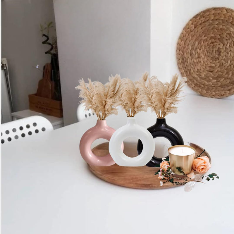 CS3HUB Home Decor Donut Vase | Flower Vase | Pampas Grass Vase | Glossy Ceramic Vase | Round Shaped Vase | Home Décor Centerpiece | 6 Inch Black, Pink & White Glossy Combo (Pampass Grass Not Included)