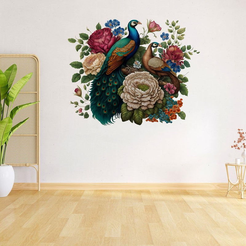 CVANU Beautiful Flowers & Peacock Self-Adhesive Vinyl Wall Sticker for Wall Decoration (58cmX72cm)_S296