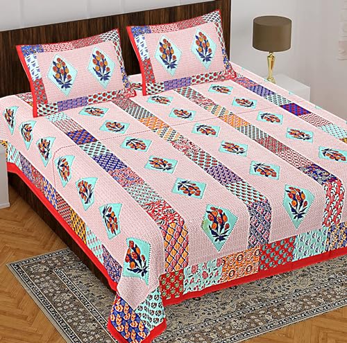 BedZone 100% Cotton Rajasthani Jaipuri Traditional Floral King Size Double Bedsheet with 2 Pillow Covers - Cotton Bedsheet 46