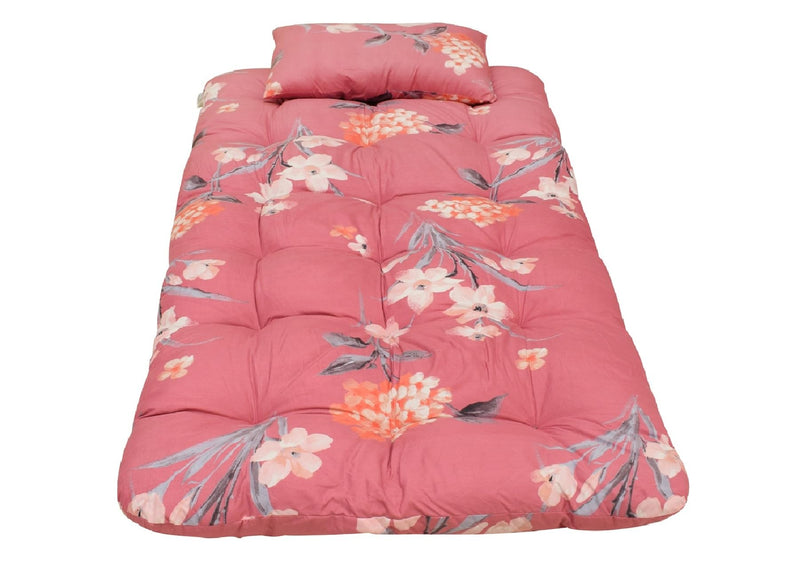 NEXTGO Mattress Single Bad Siz Foldable Lightweight Guest and Bachelor Tufted Ruyi Gadi with 1 Pillow and Zipper Cover Travel Cotton Blend Pink Multi Colour (Single 3 x 6.5)