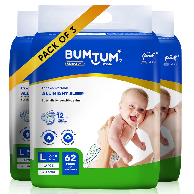 Bumtum Baby Diaper Pants, Large/l Size, 186 Count, Double Layer Leakage Protection Infused With Aloe Vera, Cottony Soft High Absorb Technology