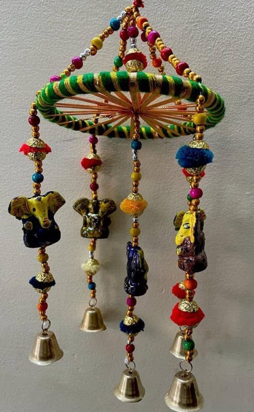 Sphinx Rajasthani Handcrafted Ganeshji with Golden Bell Wall/Door Hanging Chandeliers/Wind-chime Multicolour (Height approx. 48cms/18.8 inches) - 2 piece