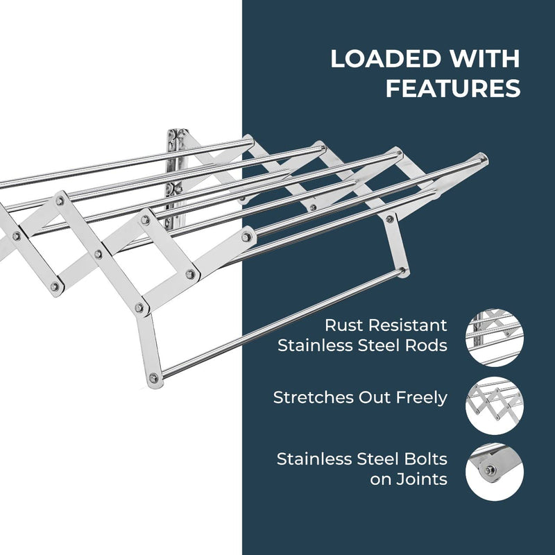 homWell Heavy Duty Stainless Steel 9 Rod X 2 Feet Foldable Wall Mounted Cloth Drying Stand for Balcony/Cloth Dryer Racks/Towel Stand/Clothes Stand for Drying