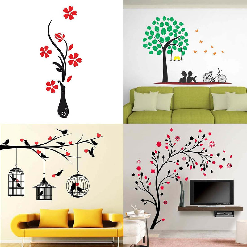 Merical Set of 4 Flower Vase Red, Kids Under Tree, Lovebirds & Hearts, Magical Tree, Wall Sticker for Wall D�cor, Living Room, Children Room