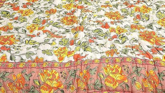 fashhub 240 TC Single Bed Cotton Jaipuri Razai | Mughal Traditional Bed Blanket | Soft Lightweight AC Quilt (Orange, Set of 2, 55" x 85")