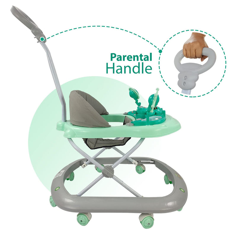 Dash Butterfly Deluxe Baby Walker with 3 Position Adjustable Height Music & Light & Parental Handle, Foldable Activity Walker, Baby 6-18 Months boy, Walker for Kids (Capacity 20kg | Green)