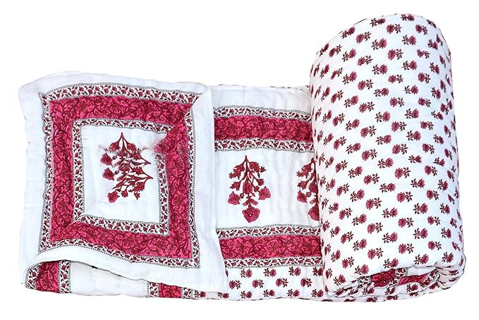 fashhub Jaipuri Razai Rajsthani Traditional Hand Stitched Flower Printed King Lightweight Pure Cotton Winter and Summer Jaipuri Ac Quilt Razai,Rajai,Blanket,Comforter Double Bed, 85X 100