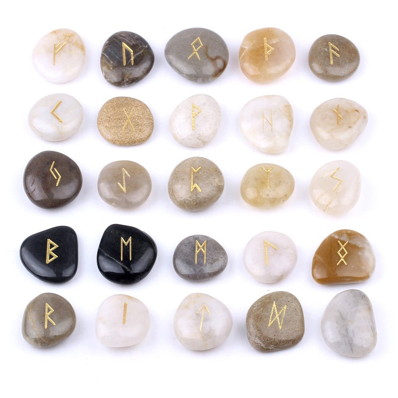 TGS Gems Rune Stones Set with Engraved Elder Futhark Alphabet and Velvet Pouch