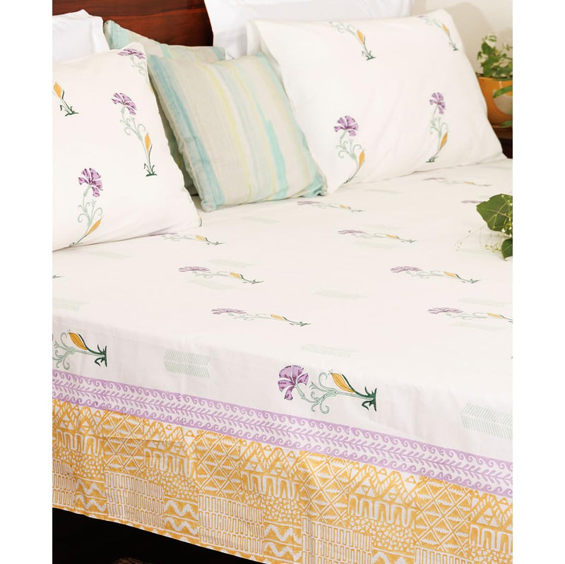 Baarno Saba Handblock Print Bedsheet with 2 Pillow Covers Percale Cotton | 220 TC | Double bedsheet (90 * 108inches) | Color - White