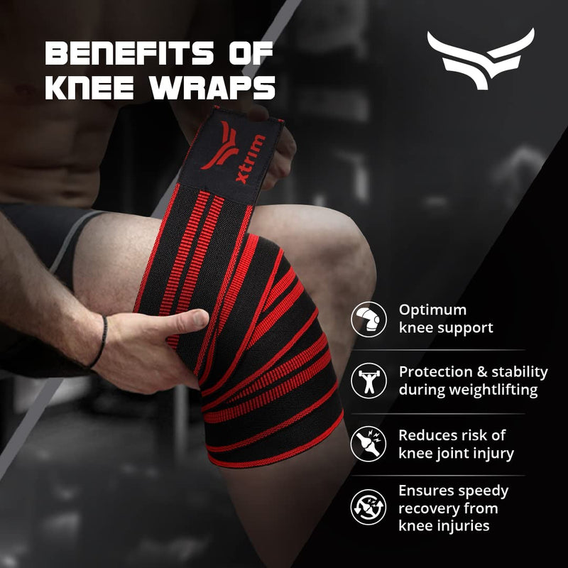 XTRIM Knee Support for Men - Knee Wraps - Knee Stabilizer - Unisex Knee Bands for Sports, Squats, and Heavy Lifting, Washable Fabric (2 Meters Long, Set of 2, Red)