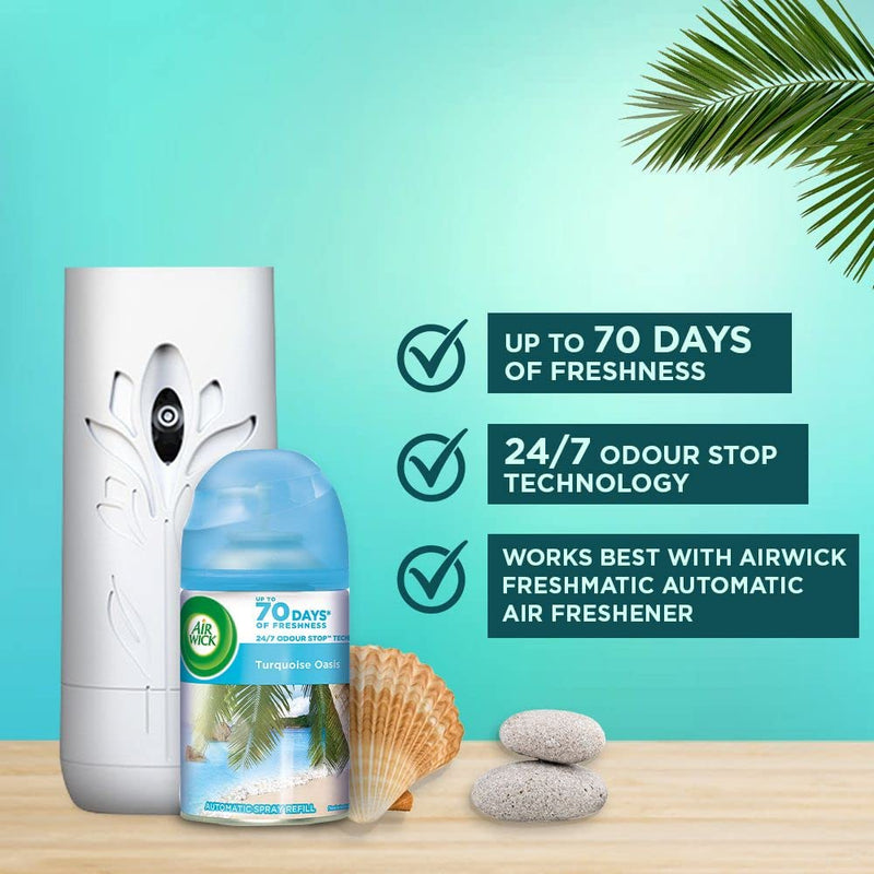 Air Wick 250 Ml (Pack Of 2)-Vanilla & Muskmelon (Summer Delights) & Sea Wood & Driftwood (Turquoise Oasis),Freshmatic Automatic Air Freshener Refill|2600 Sprays Guaranteed|Automatic Room Freshener