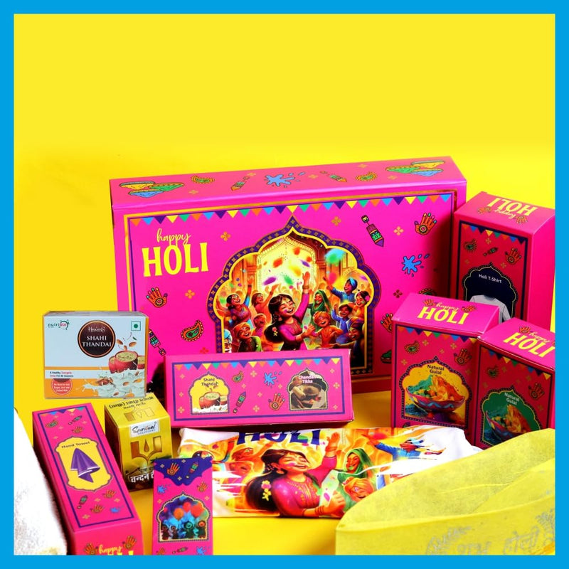 SPIRITUAL SOLUTIONS Holi Celebration Gift Box (HGB03) | Natural Herbal Gulal – Green, Pink, Red and Yellow | 2 Holi Cap | Holi T-Shirt | Gubbare | Chandan Tika | Shahi Thandai | Hand Towel