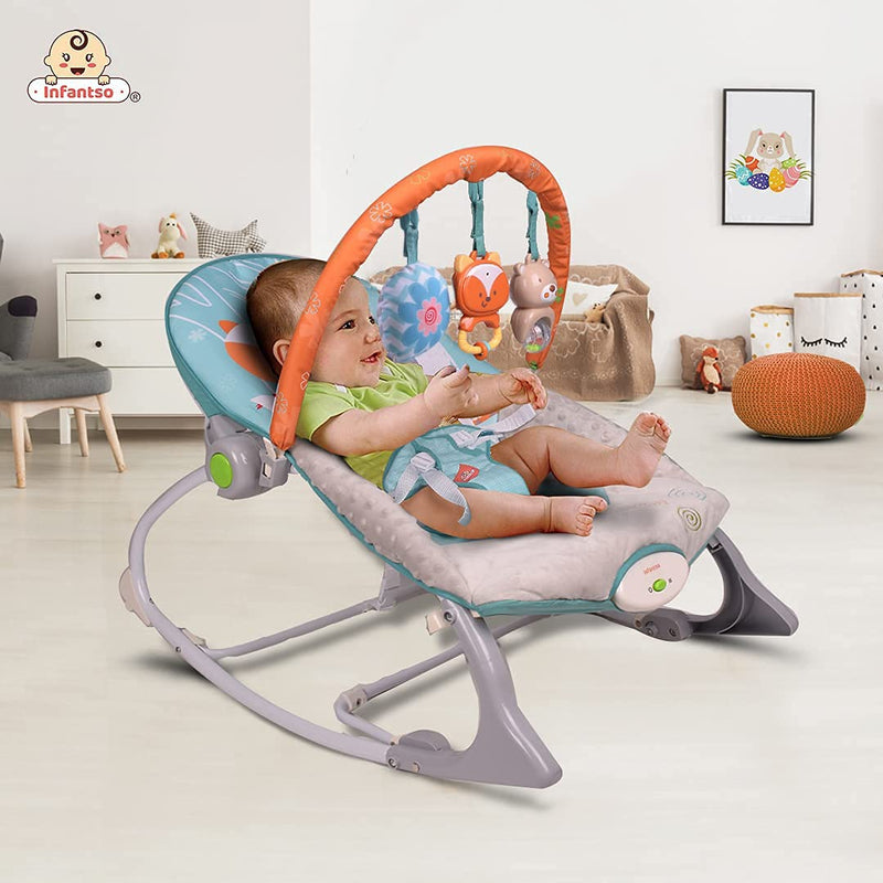 INFANTSO Baby Rocker Portable Including Free Mosquito Net & U Shape Pillow with Calming Vibrations & Musical Toy Blue