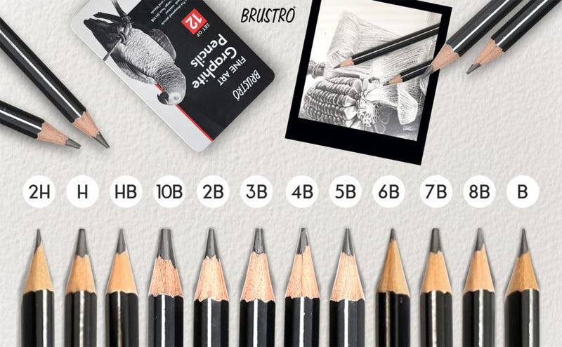 BRUSTRO ARTISTS’ FINEART GRAPHITE PENCIL SET OF 12 (10B-2H) + Free 2 Brustro ECO-PVC Dust-free erasers worth Rs24