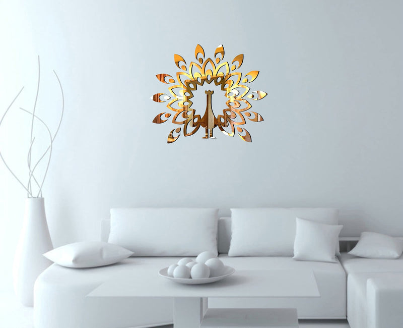 Sticker Hub Acrylic Peacock 3D Mirror Wall Sticker (Golden)