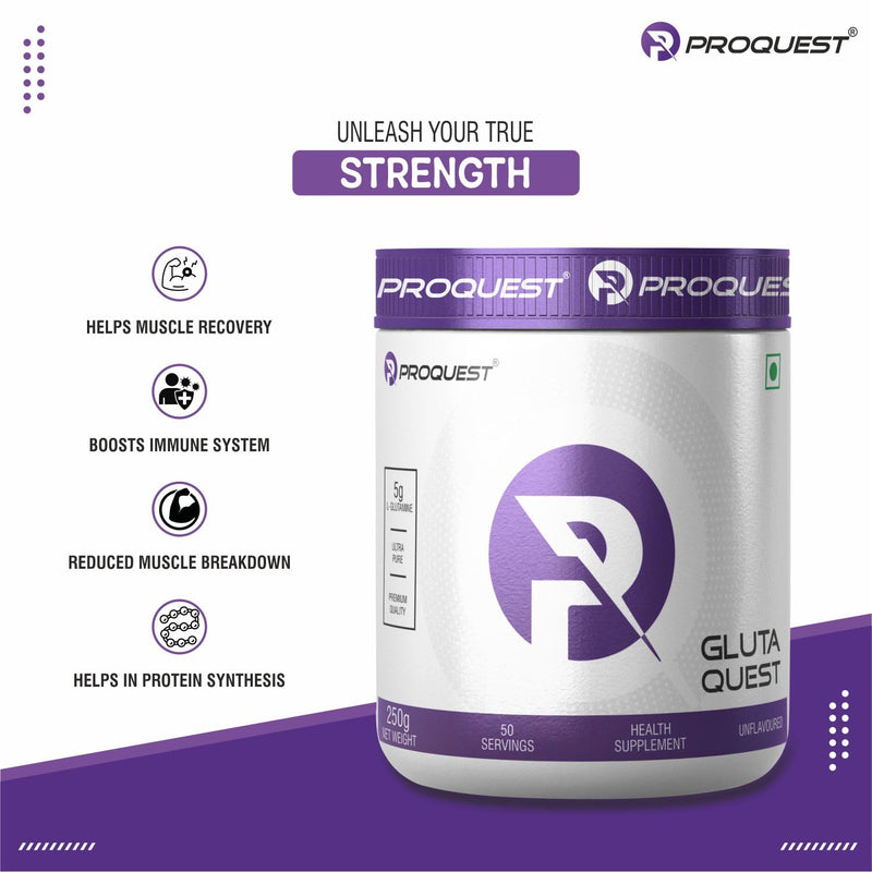 PROQUEST Gluta Quest - Pure Micronized Grade L-Glutamine 5000mg | Proteogenic Amino Acid for Faster Recovery | Increase Muscle Strength & Endurance |Unflavoured (250G, 50 Servings)