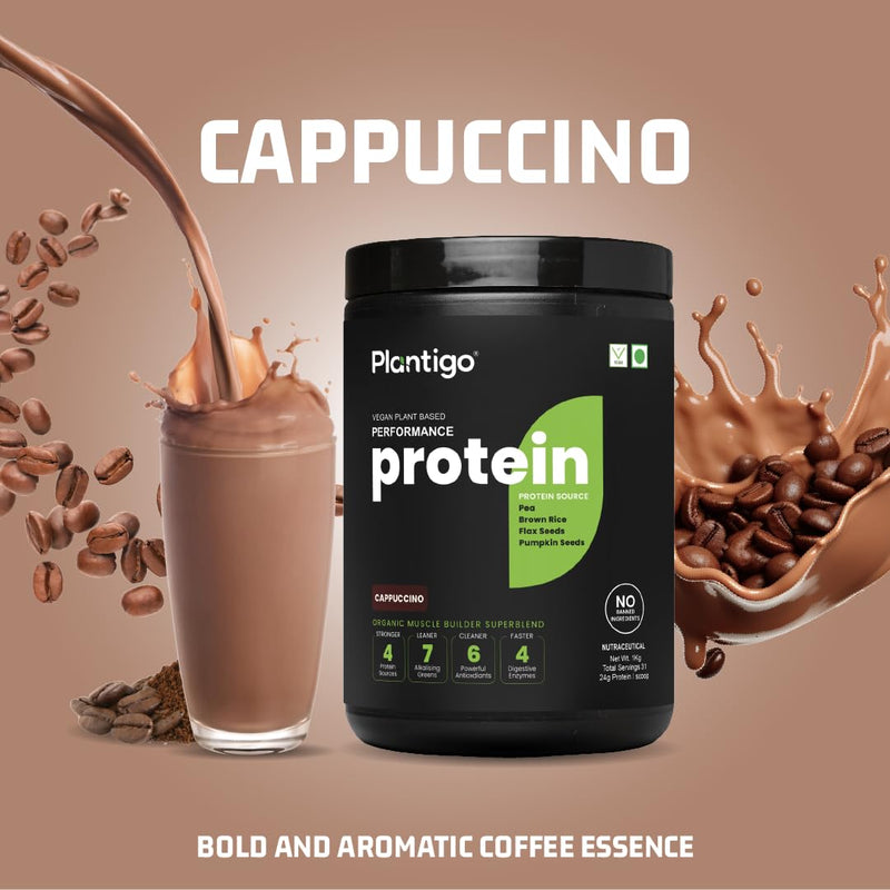 Plantigo Clean Plant Protein Powder | No Preservatives, No Banned Substances |Super Protein Blend- Pea, Brown Rice, Flax | Vegan Protein - Men, Women (Cappuccino - Original Bitter Coffee Taste - 1 Kg)