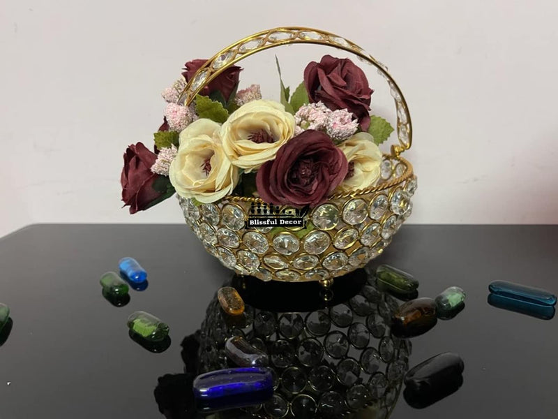 blissful decor Presents Metal Flower Basket (tokari) with Crystal Studded, Decorative Golden Metal Flower Vase for Home Office Gift, (6 Inch Diameter) Without Flower