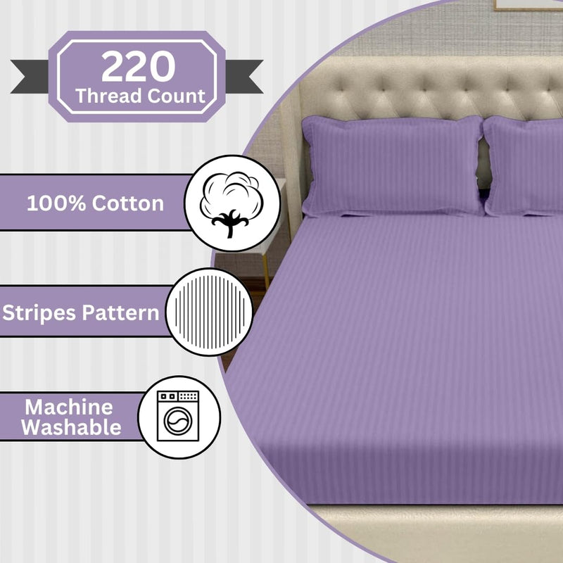 Divine Casa 100% Cotton 220 TC Italian Stripes Flat King Size Bedsheet with 2 Pillow Cover Luxurious and Soft Breathable Bed Sheets (108 x 108 inch, Lavender)