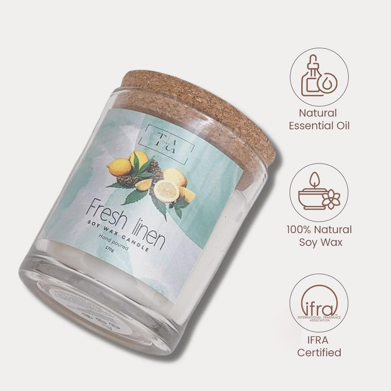 TABHI Scented Candles Soy Wax in Glass Jar & Cork Lid, Premium Scented Candle for Home, 40 Hours of Burn Time, Scented Candles for Bedroom,(Freshlinen)