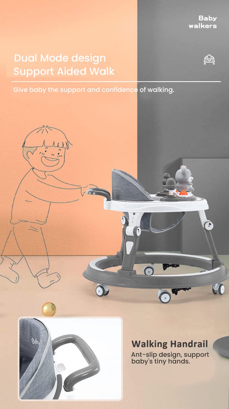 StarAndDaisy 360° Baby Walker Adjustable Height, Multi-Function Anti-Rollover Folding Walker with Height Adjustable 6-24 Months Baby Walker with Recreational Toy bar (Grey)