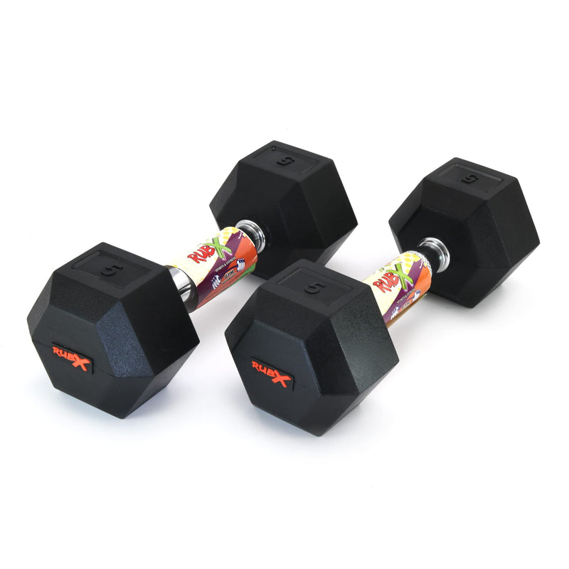 RUBX Rubber Coated Professional Exercise Hex Dumbbells (Pack Of 2) 5 Kg X 2Pc (Total = 10 Kg), Silver