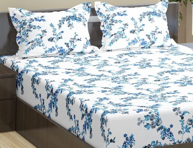 Trance Home Linen 180TC 100% Cotton 78"x60" Standard Queen Size Elastic Fitted Bedsheet | Printed Queen Bed Size Elasticated Fitted Bedspread with 2 Pillow Covers (Queen 78x60 inch, Nile Blue)