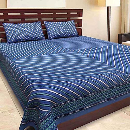 BedZone Jaipuri Print 100% Cotton King Size Bedsheet with 2 Pillow Covers for Double Bed, Blue