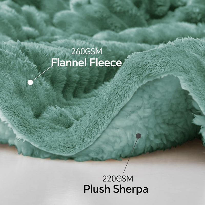 VAS COLLECTIONS Reversible Sherpa Fleece Throw Blanket Plush Flannel Throw, Ultra Soft Warm Ribbed Microfiber all season/ac blanket for Sofa Couch Bed, Luxury Thick Striped Blanket, Green, 220x230 CM,