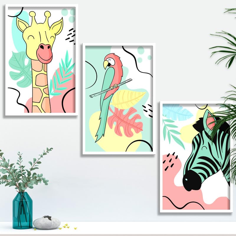 SAF paintings Set of 3 Animals Boho modern art design Premium white Framed Bohemian wall painting for for Wall, Home and Living Room Decoration 80 cms x 34.29 cms COMBO-2012-K3