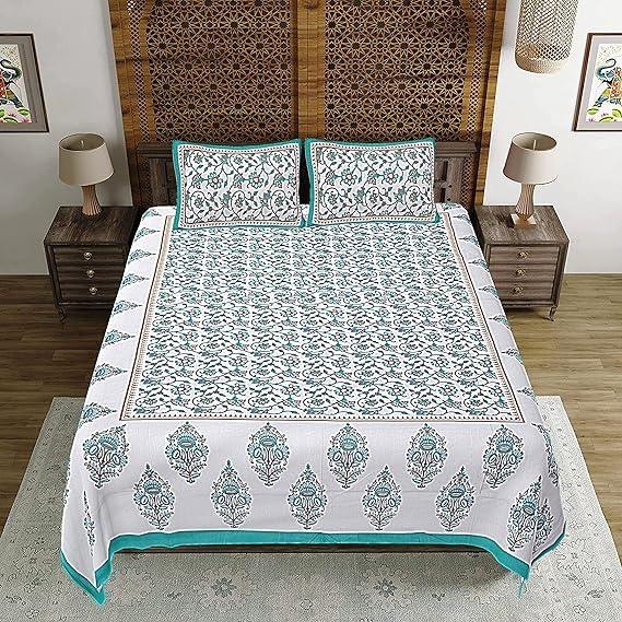 Pure Cotton Sanganeri Printed Jaipuri Bedsheet for Double Bed Queen Size with 2 Pillow Covers 260Thread Count (White Sky Blue)