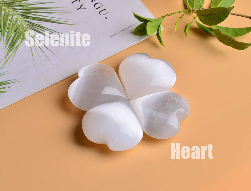 AMOYSTONE Selenite Crystal Heart Shaped Worry Stone Large Home Decoration for Chakra Energy Healing 2PC