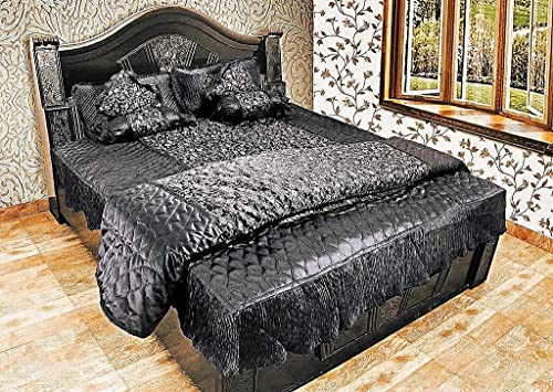 Generic Silk Luxury Gold Printed King Size Double Bed ???Bedding Wedding Bedsheet Set with 2 Pillow Cover, 2 Cushions, 2 Filled Bolsters & 1 AC Comfortar for Home & Living Room (Black)