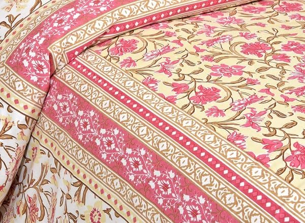 JaipurToHome 220 TC 100% Pure Cotton Bedsheet for Double Bed King Size, Jaipuri Print Double Bedsheet with 2 Pillow Covers - (88.5x107.5 inch. Multi) (Cream)