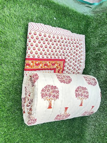 FABDESIGN QUILTS Jaipuri Razai Tree Print Double Bed Rajsthani Traditional Hand Stitched Lightweight Pure Cotton Winter and Summer Jaipuri Ac Quilt Razai/Rajai/Blanket/Comforter - (88X103) Maroon