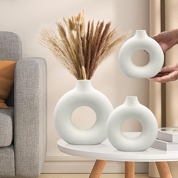 URBAN SENSE™ | Modern White Ceramic Donut Vase - Stylish Circle Round Pampas Vase for Home Decor, Wedding, Party, Office, Bedroom - Decorative Gift (Pack of 3) (4In, 6In, 8In)