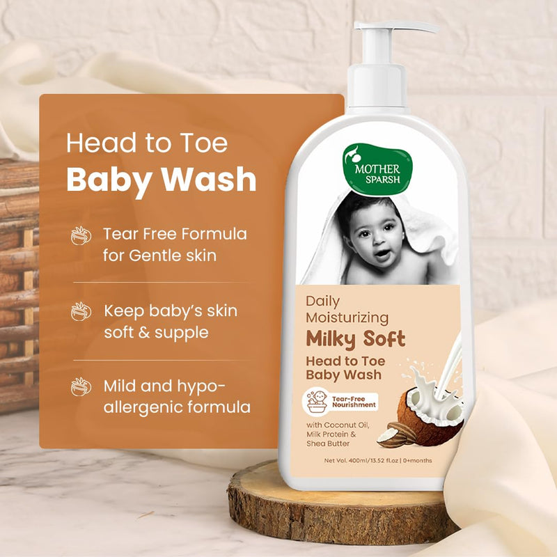 Mother Sparsh Milky Soft Head to Toe Baby Wash-400ml with Milk Protein & Shea Butter | Tear Free 2 in 1 Natural Baby Body Wash